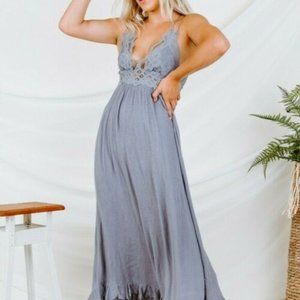 Free People FP ONE Adella Slip Maxi Dress Smocked Light Gray XS